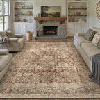 9x12 Rust Vintage Area Rug for Living Room Bedroom Distressed Rustic Large Carpet Non-Slip Low Pile Lightweight Vacuumable Soft Washable Throw Rug for Indoor Dining Room