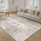10x12 Area Rug Beige Blue Abstract Living Room Bedroom Washable Carpet Neutral Modern Non Slip Soft Low Pile Large Throw Rug for Dining Room Kitchen Office