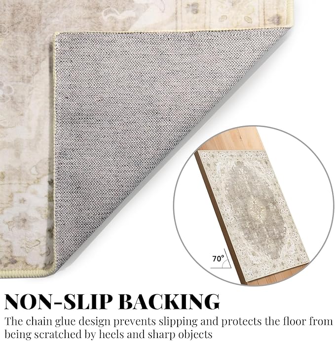 MUJOO Beige Rug 8'x10' Area Rugs for Living Room Bedroom Dining Room,Large Washable Boho Bohemian Vintage Distressed Farmhouse Non Slip Carpet, Floral Flowers