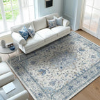 Area Rugs 7'x9' Washable Non-Slip, Floral Vintage Distress Print Pattern Medallion Carpet for Living Room Bedroom Dining Room, Light Blue Navy Beige Gray White