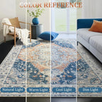 Large Area Rugs 9x12, Low Pile Washable Rugs - Soft Vintage Distressed Rugs for Living Room Bedroom, Office, Dining Room, Water Repellent & Non Shedding, Blue and Orange