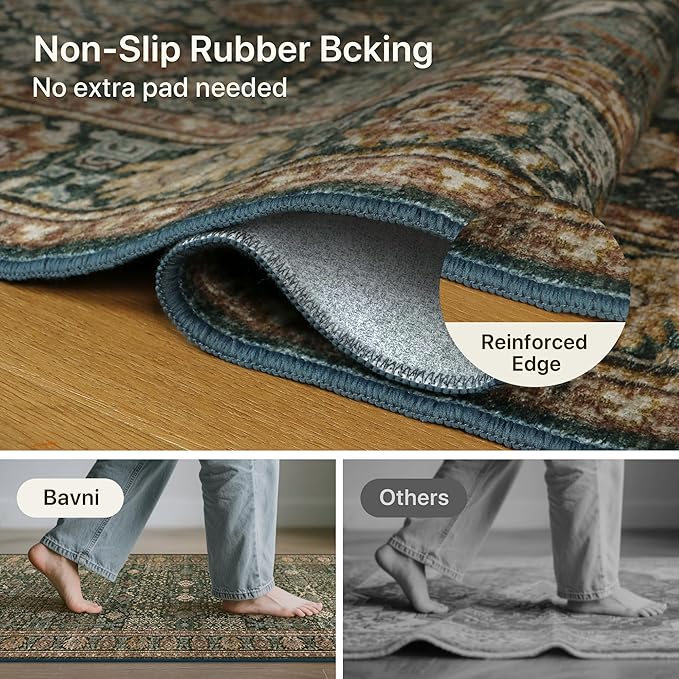 Bavni Area Rugs 6x9- Washable Rug Lightweight Non-Slip, Ultra Thin Low Pile Living Room Rug, Modern Printed Vintage Rugs for Dinning Room Office, Dark Green/Multi