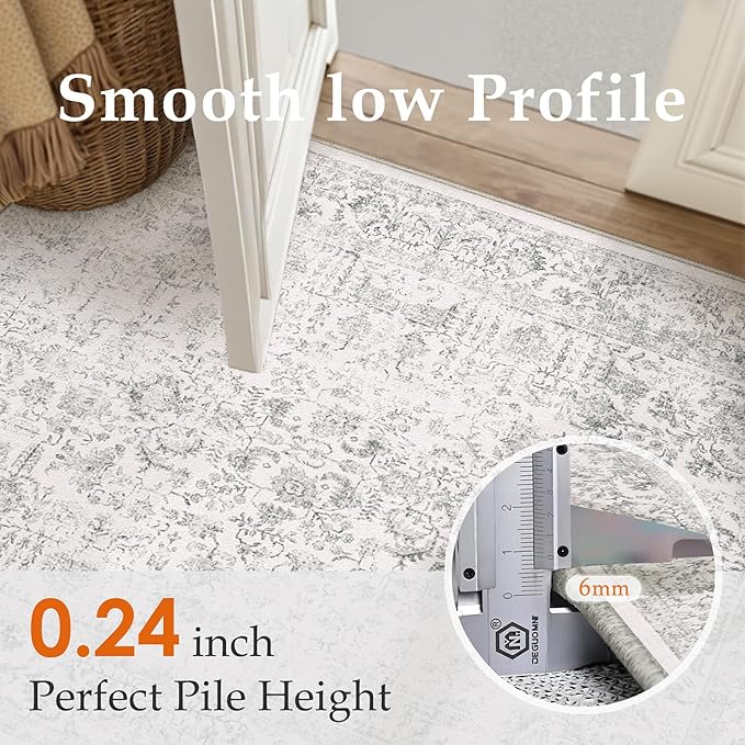 Gray Area Rug 7x10 Machine Washable Vintage Living Room Distressed Non Slip Carpet Traditional Indoor Bedroom Grey Retro Floral Accent Throw Large Rug for Office Kitchen Dining Room
