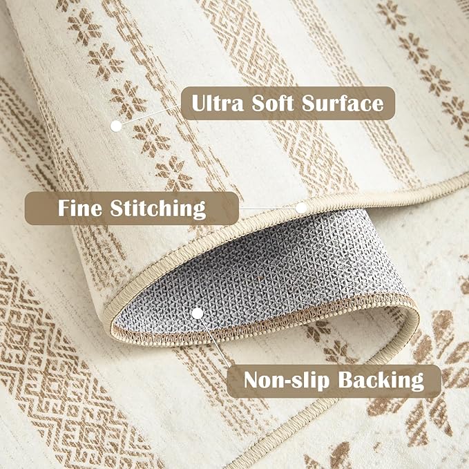 jinchan Moroccan Boho 8x10 Area Rugs for Living Room - Machine Washable Neutral Soft Throw Rug Bohemian Ripple Design Non-Slip Carpet for Bedroom Dining Room Home Office (8‘x10', Beige)