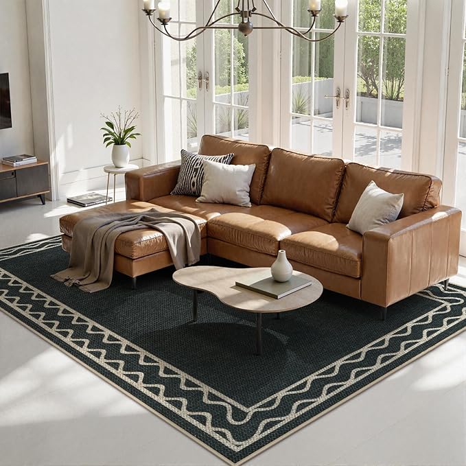 OJIA Easy Jute Washable Rugs 8x10, Large Outdoor Patio Rug Washable Living Room Rug Farmhouse Indoor Outdoor Carpet Wavy Border Modern Non-Slip Black Rugs for Bedroom Backyard Deck Decor