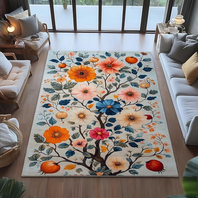 8x12 Colorful Flower Area Rugs, Floral Vintage Large Rugs, Floral Rugs, Botanical Rug, Washable Boho Botanical Non Slip Carpet for Living Room, Bedroom, Kids Room