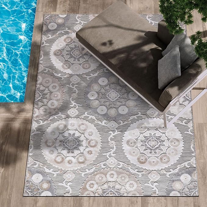 CAMILSON Indoor Outdoor Rug 10x14 Bohemian Medallion Floral Area Rugs for Indoor and Outdoor Patios Easy-Cleaning Non-Shedding Living Room Garden and Kitchen Washable Outside Carpet (10 x 14 / Beige)