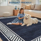 GarveeHome Modern Rugs for Living Room 8x10 Large Bordered Floor Mats with Non-Slip Backing, Stain-Resistant Bedroom Carpet, Foldable Geometric Indoor Rug for Dining Room, Kitchen, Navy Blue