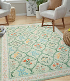 YIHOUSE Green Floral Print Rugs, Moroccan Trellis 10x14 Washable Large Rug, Modern Pastel Non Slip Ultra-Thin Area Rug for Classroom, Nursery Playroom,Dorm,Bedroom,Living Room, Green Multi