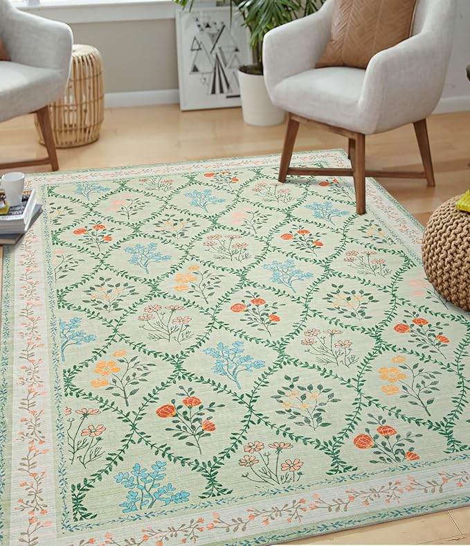YIHOUSE 6x9 Washable Rug for Bedroom, Green Floral Rugs for Living Room Non Slip Ultra-Thin Large Boho Rug for Kids Playroom, Classroom, Girls Dorm, Nursery, Green Multi