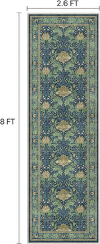 Bavni 2'6''x8 Runner Rug,Microfiber Washable Non-Slip Vintage Floral Rugs,Low Pile Lightweight Carpet for Bedroom,Hallway,Entryway,Kitchen,Bathroom, Tea Green/Blue