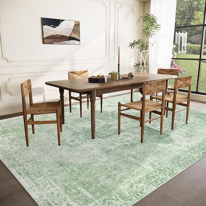 Area Rug 10x14 Washable Rug, Vintage Boho Medallion Rugs Non-Slip Soft Low Pile Large Distressed Rug Indoor Retro Carpet for Living Room Bedroom Dining Room Home Office (Sage Green, 10'x14')