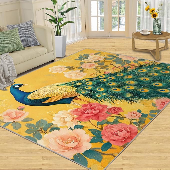 Classic Peacock Rug Large - 6x8 Rug, Peacock Peony Flower Washable Rugs for Living Room, Yellow Teal Turquoise Carpet, Non-Slip Area Rugs for Bedroom, Aesthetics Carpet - Peafowl Home Decor & Gifts