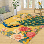 Classic Peacock Rug Large - 6x9 Rug, Peacock Peony Flower Washable Rugs for Living Room, Yellow Teal Turquoise Carpet, Non-Slip Area Rugs for Bedroom, Aesthetics Carpet - Peafowl Home Decor & Gifts