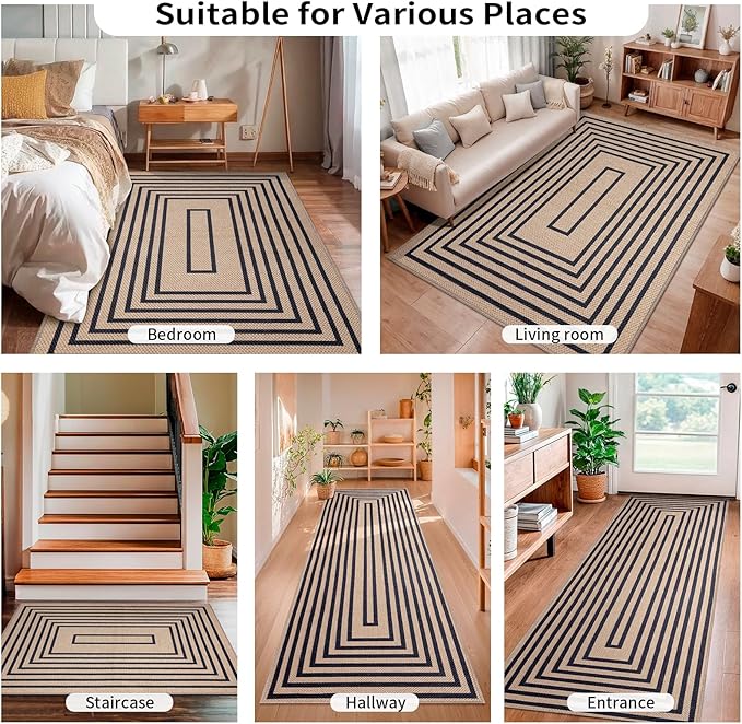 Tangsoo Easy Jute Rug 2.6x8 Washable Runner Rug for Hallways,Non-Slip Black Geometric Thin Indoor Outdoor Rug,Modern Farmhouse Carpet Runner for Kitchen Laundry Bedroom Entryway Porch