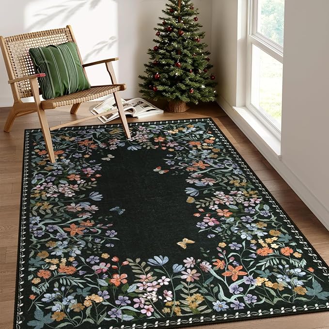 Wonnitar Washable 5x7 Rug, Black Botanical Area Rugs for Living Room, Non-Slip Soft Rug for Bedroom, Vintage Low Pile Dining Room Floral Rug Carpet for Bedside Mud Room (Black,5'x7')