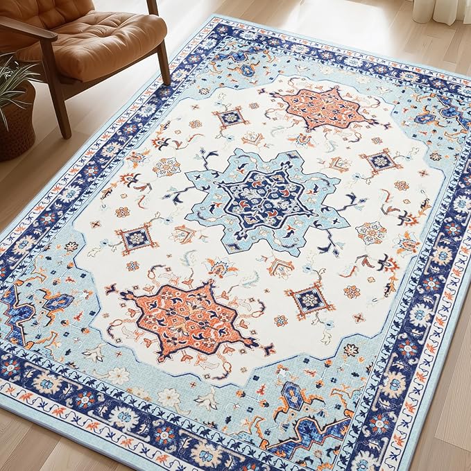 Phantoscope Washable Area Rug 6'x9' Non-Slip, Vintage Boho Rugs for Living Room, Bedroom, Dining Room, Medallion Persian Symmetrical Pattern, Low-Pile Foldable Floor Carpet, Ivory Blue/Orange