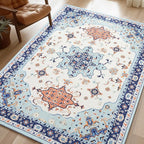Phantoscope Washable Area Rug 6'x9' Non-Slip, Vintage Boho Rugs for Living Room, Bedroom, Dining Room, Medallion Persian Symmetrical Pattern, Low-Pile Foldable Floor Carpet, Ivory Blue/Orange