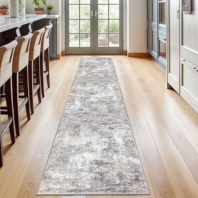 Modern Abstract Runner Rug 2x12, Beige Grey Neutral Washable Long Kitchen Runner Non-Slip Soft Hallway Rug Runner Thin Print Faux Wool Carpet for Entryway Bedroom Laundry Room Indoor