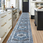 KOZYFLY Runners for Hallways 2.6x20 Ft Extra Long Washable Kitchen Thin Runner Rug Boho Runner Rug for Entryway Indoor Blue Printed Oriental Faux Wool Stair Floor Carpet Runner for Stair Kitchen Hall