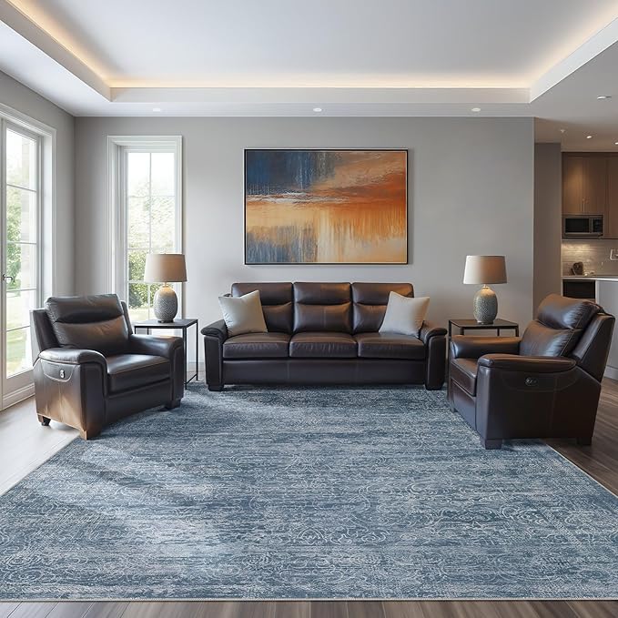 Area Rug Living Room Rugs - 10x12 Washable Large Soft Indoor Neutral Modern Abstract Low Pile Rug Carpet for Bedroom Dining Room Farmhouse Home Office - Dark Blue