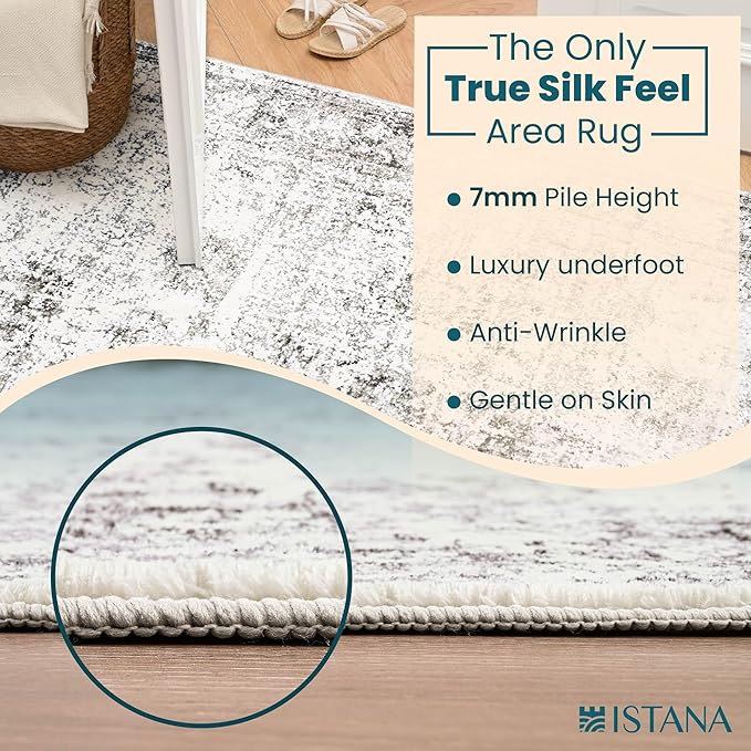 Istana Area Rug 2x4 - Grey & White Cream 2x4 Washable Rug Non Slip - Pet Friendly Living Room Rug - Non Shedding Washable Rugs for Bedroom - Foldable Bathroom Rugs