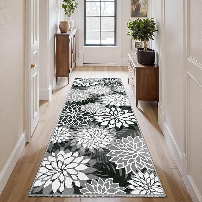 2x6 Washable Runner Rug for Hallway Tropical Botanical Modern Floral Chenille Kitchen Rugs Low Pile Non Slip Carpet for Patio, Bedroom, Laundry, Black