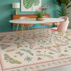Cute Rugs for Bedroom Girls - Pink Living Room Rugs 8X10, Dining Room Table, Washable Pastel Flower Insect Print Whimsical Décor