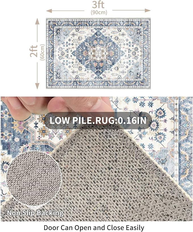 Enkor Area Soft Rugs 2x3 Washable Non Slip Boho Small Floor Entryway Rugs for Living Room Bedroom, Vintage Style Farmhouse Mat for Kitchen Blue & White