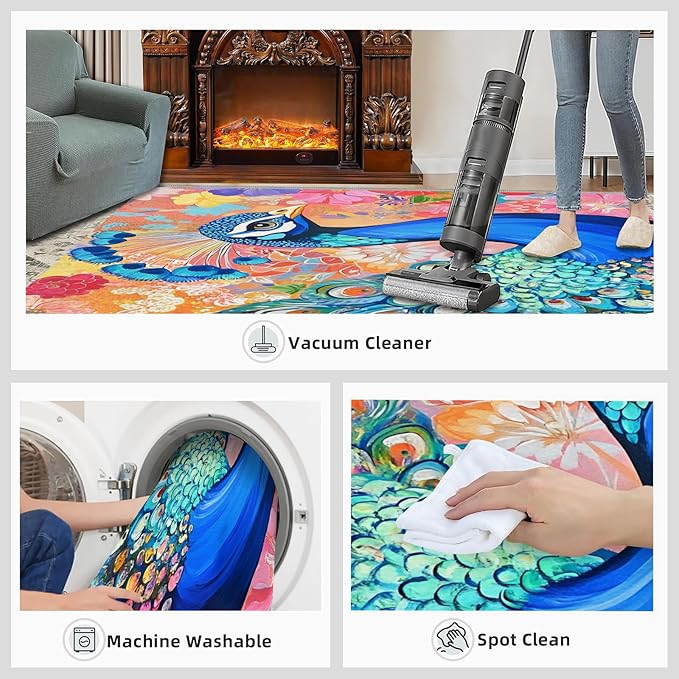 Peacock Area Rug 5x6-5x6 Rug, Boho Floral Rugs for Living Room, Colorful Carpet, Oil Painting Art Washable Area Rugs for Bedroom, Aesthetics Carpet - Peafowl Home Decor & Gifts