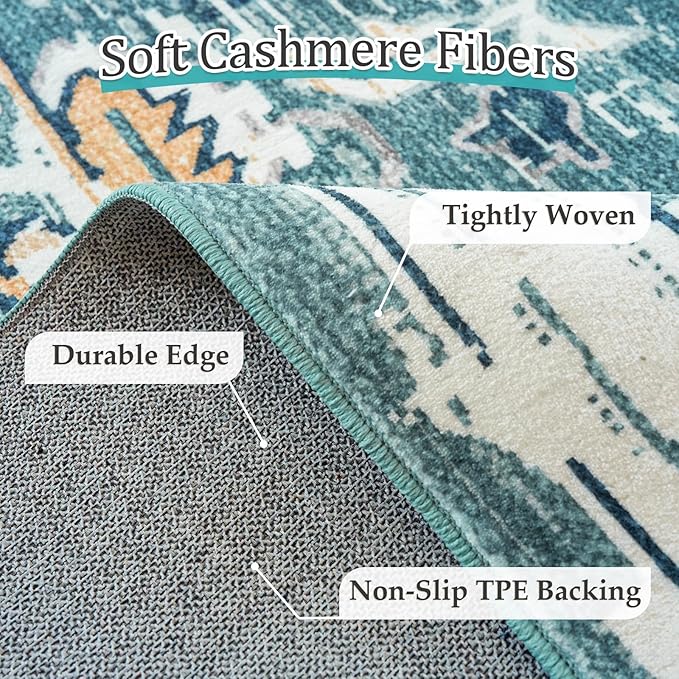 VK VK·LIVING Round Washable Rug 5'Ft Vintage Machine Washable Area Rugs with Non Slip Round Rugs for Living Room Bedroom Traditional Woven Carpet Stain Resistant Dining Office Boho Rug,Green&Beige