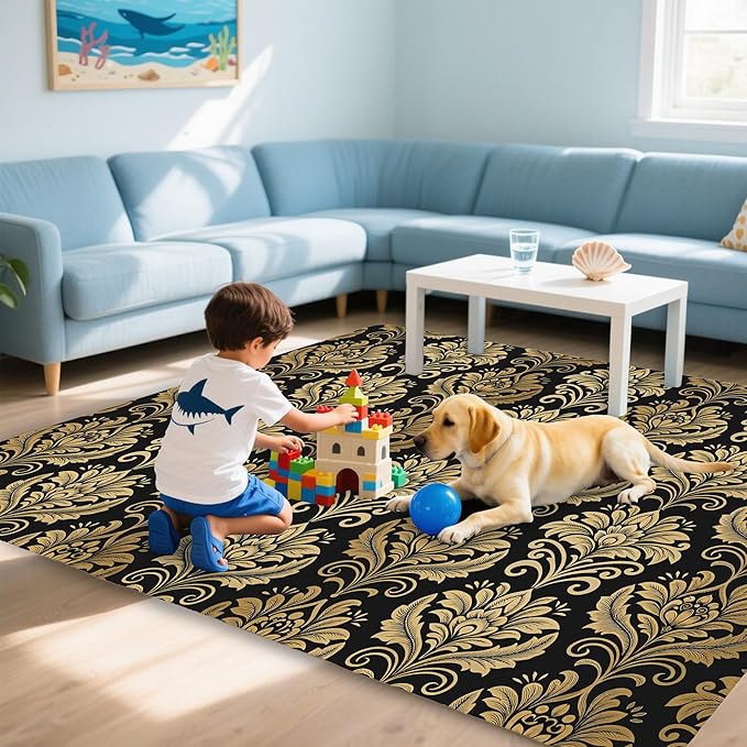 Black Damask Flower Golden Carpet for Living Room, 3x5 Non-Slip Washable Low Pile Abstract Design Rug, Space Saving Area Rug for Bedroom, Dining Room