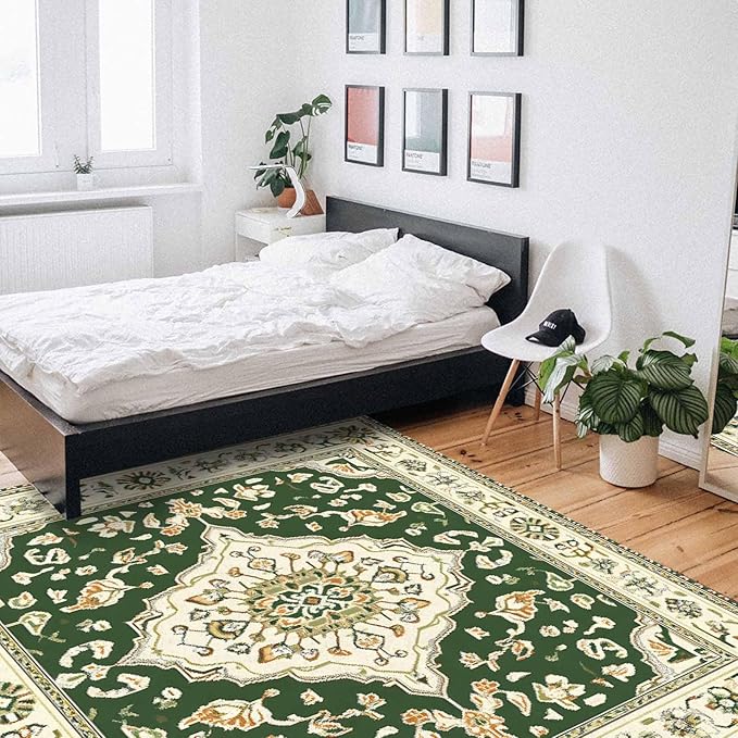 Green Bohemian Rectangular Area Rugs for Living Room Bedroom 4 x 6 ft Vintage Farmhouse Floral Pattern Non-Shedding Soft Low Pile Rug Non Slip Washable Rug for Nursery Entryway Playroom