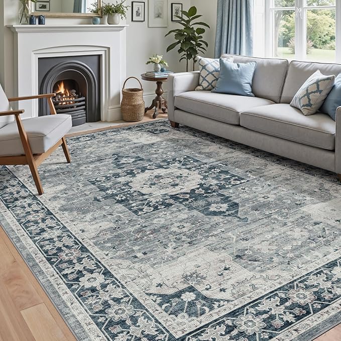 DEXI 8x10 Area Rug for Living Room, Washable Vintage Farmhouse Thin Rug Indoor Floor, Non Slip Stain Resistant Low Pile Carpet for Dining Room Bedroom Office, Blue Grey