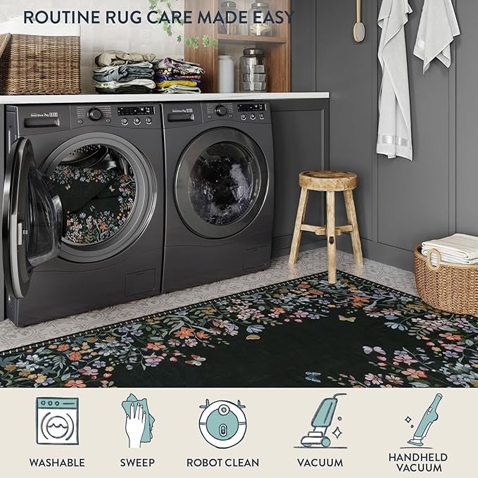 Lahome Boho Floral Black Washable 5x7 Area Rugs for Living Room, Non Slip Rugs for Bedroom, Indoor Throw Dining Room Carpet for Under Table Entryway Kitchen Office(Black,5x7)