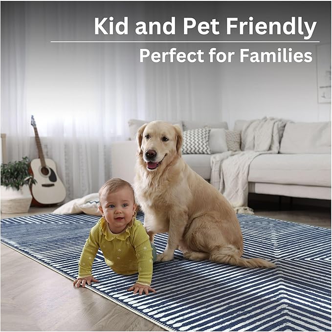 Bloom Rugs Washable Non-Slip 2' x 3' Rug - Blue Striped Area Rug for Living Room, Bedroom, Dining Room, and Kitchen - Exact Size: 2' x 3'
