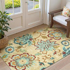 Lahome Floral Living Room Rug - 3x5 Area Rugs for Bedroom Machine Washable Non-Slip Throw Kitchen Entryway Rug Soft Beige Paisley Print Distressed Capet for Office Laundry Room Dining Room Bathroom