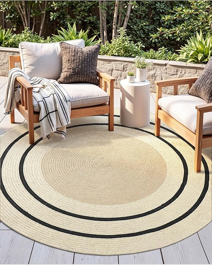 DEXI Round Jute Rug Natural Fiber 5x5, Braided Woven Area Rugs No Shed, Soft Neutral Rustic Carpet Mat for Indoor Outdoor Patio Dining Living Room Bedroom Farmhouse, 5ft, Ivory/Black