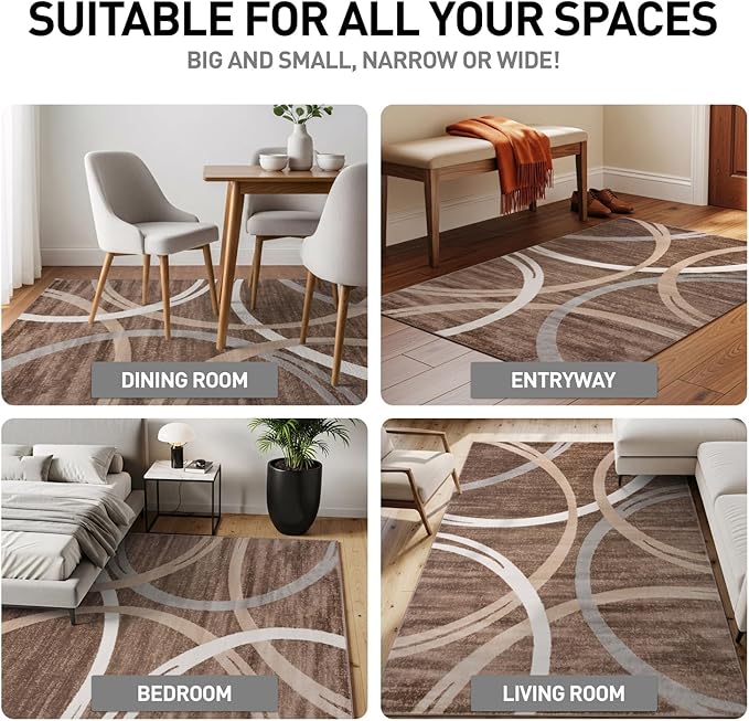 Rugshop Modern Wavy Circles Design Area Rug, Non-Shedding Carpet for Living Room, Bedroom, or Dining Room, Brown, 7'10" x 10'2"