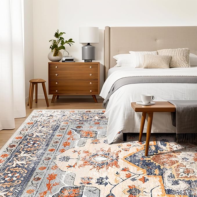 VK VK·LIVING Machine Washable Rug 6'x9' Vintage Design Washable Area Rugs with Non Slip Rugs for Living Room Bedroom Traditional Woven Carpet Stain Resistant, Dining Office Boho Rug, (Bright)