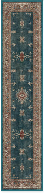 RUGGABLE Washable Vintage Runner Rug – Verena Teal Blue 2.5x12, Stain-Resistant, Non-Slip Hallway Runner – Machine Washable Rug for Hallway, Entryway, Living Room & Kitchen–with Standard Pad