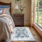 jinchan Fiora Floral 3x5 Area Rugs for Entryway - Machine Washable Taupe Vintage Distressed Design Doormat Non-Slip Ultra-Thin Low Pile Boho Rug for Kitchen Living Room Farmhouse (3‘x5', Dark Blue)