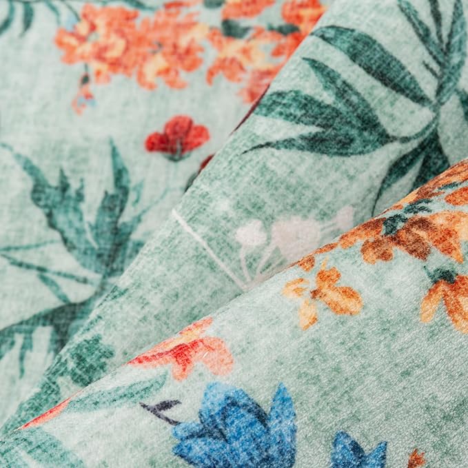 Green Area Rug 5x7 Floral Washable Living Room Kitchen Boho Carpet Non Slip Low Pile Indoor Accent Lightweight Soft Throw Rug for Bedroom Office Dining Room Nursery Farmhouse