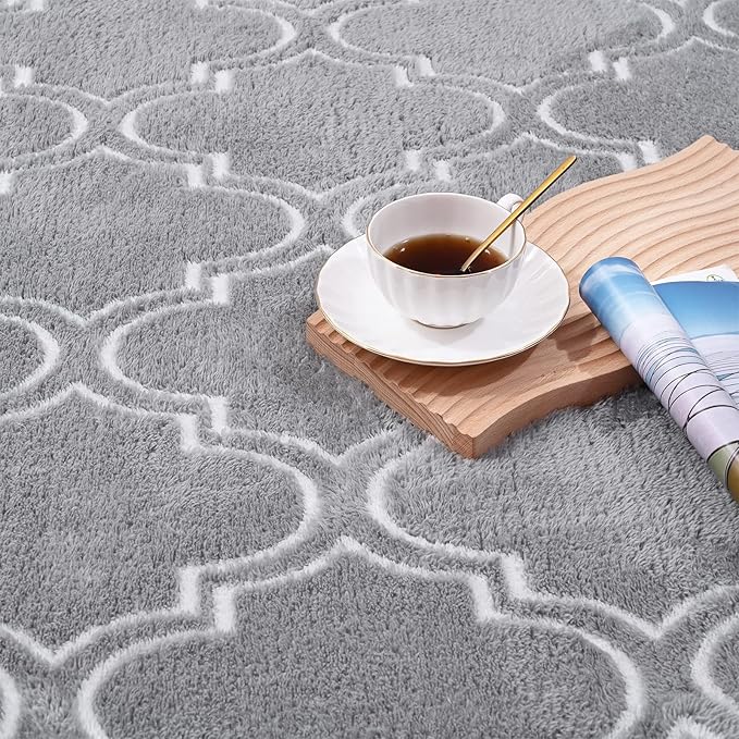 Amearea Fluffy Indoor Area Rug, Soft Trellis Moroccan Rugs for Bedroom, Shag Modern Area Rug for Living Room Kids Room Nursery, Easy Clean, Home Decor Low Pile Carpet, Light Gray 6x9 Feet