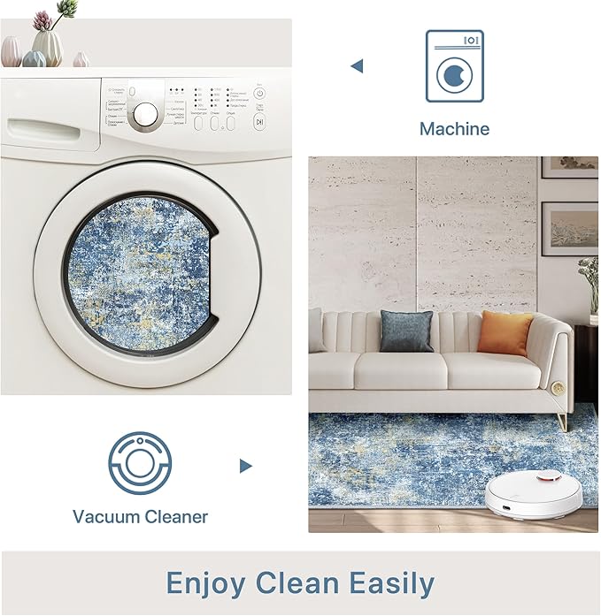Bavni 6x9 Area Rugs Machine Washable Rug for Living Room, Modern Printed Rug Indoor Soft Area Rug for Bedroom Dining Room, Ultra-Thin Low Pile Carpet with Non Slip Rubber Backing, Denim Blue