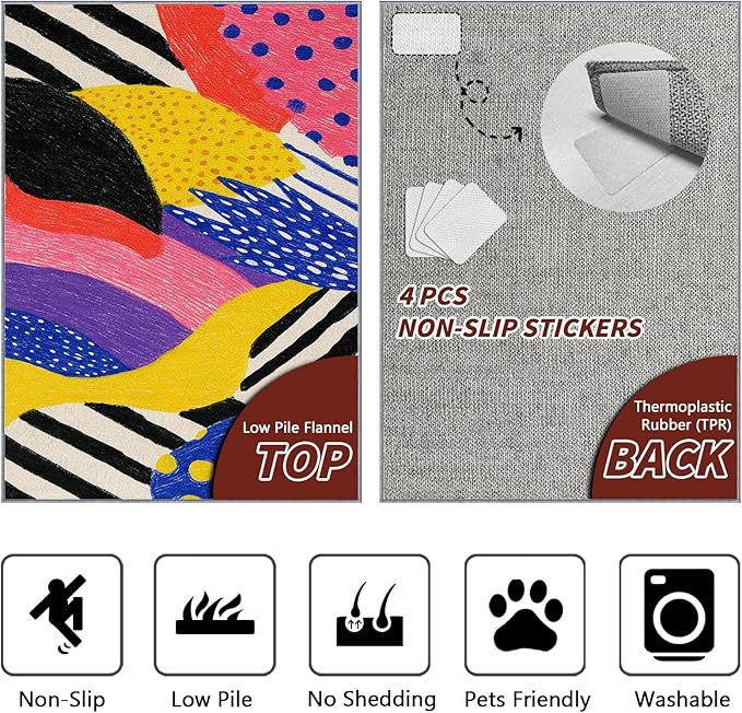 Pop Art Rugs for Bedroom - Colorful Abstract Area Rug 5x8, Hippie Aesthetic Funky High Traffic Anti Slip Carpets Home Decor #C008