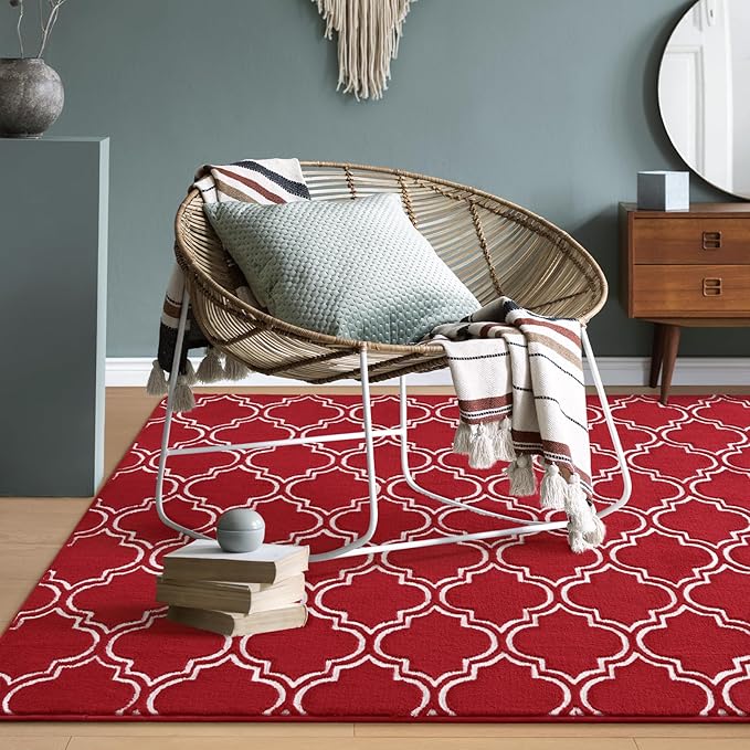 Amearea Fluffy Indoor Area Rug, Soft Trellis Moroccan Rugs for Bedroom, Shag Modern Area Rug for Living Room Kids Room Nursery, Easy Clean, Home Decor Low Pile Carpet, Wine Red 5x7 Feet