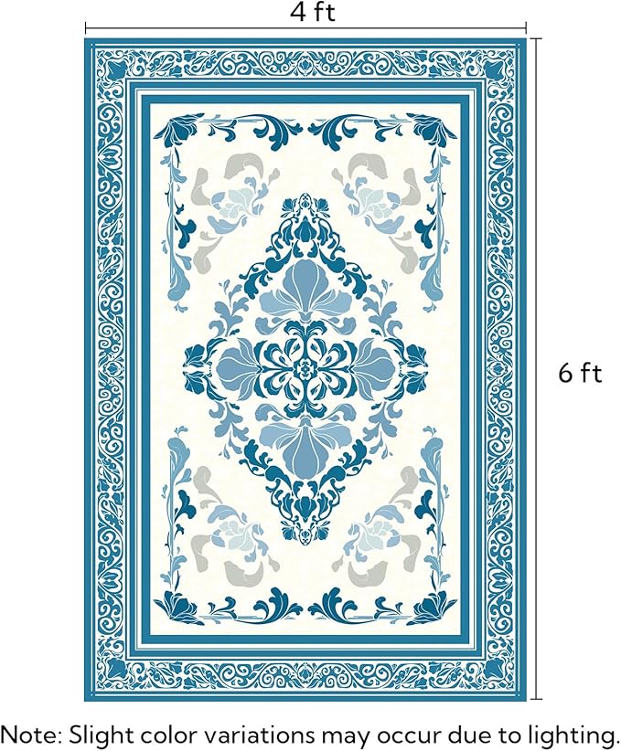 SOULFUL Medium Pile 4x6 Rugs for Living Room - Soft Foot Feel Area Rug - Blue Boho Floral - Washable Non-Slip - Perfect for Bedroom Kids Room Under Dining Table Office
