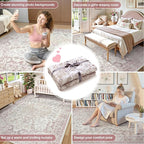 Wonnitar Floral Washable 8x10 Rug, Pink Area Rug for Bedroom Girls, Soft Non Slip Ultra-Thin Large Boho Vintage Home Decor Carpet for Living Room Nursery Dining Room Girl Room