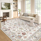 Washable Area Rug 5x7 - Boho Living Room Rug Soft Farmhouse Bedroom Rug Ultra-Thin Cream Colorful Vintage Traditional Floral Dining Room Rugs for Under Table Indoor Carpet for Living Room